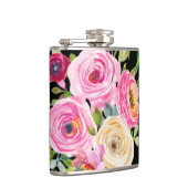 Waterverf Rozen in roze en crème op zwart Heupfles (Rechts)