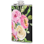 Waterverf Rozen in roze en crème op zwart Heupfles (Links)