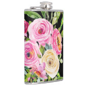 Waterverf Rozen in roze en crème op zwart Heupfles (Rechts)