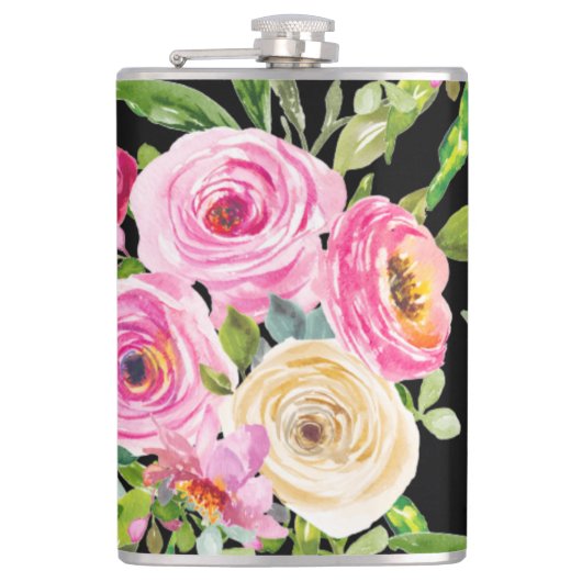 Waterverf Rozen in roze en crème op zwart Heupfles (Voorkant)