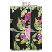 Waterverf Rozen in roze en crème op zwart Heupfles (Achterkant)