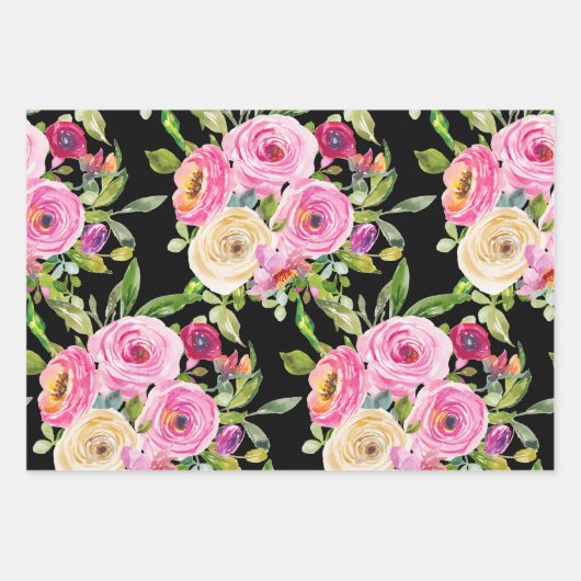 Waterverf Rozen in roze en crème op zwart Inpakpapier Vel (Voorkant 3)