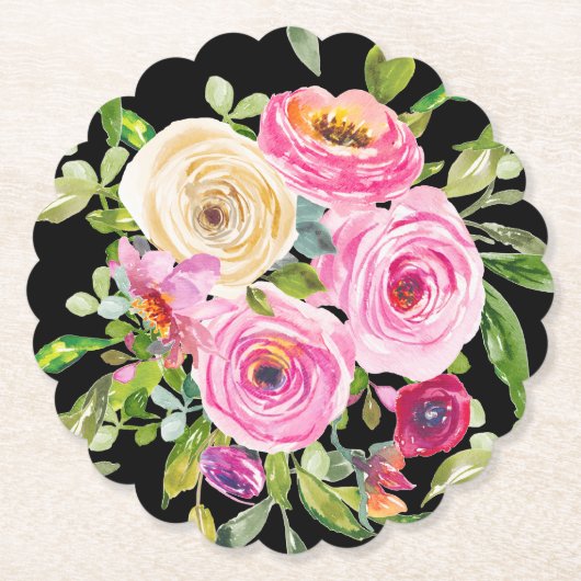 Waterverf Rozen in roze en crème op zwart Kartonnen Onderzetters (Voorkant)