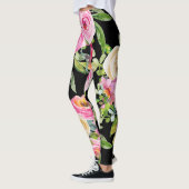 Waterverf Rozen in roze en crème op zwart Leggings (Links)