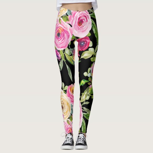 Waterverf Rozen in roze en crème op zwart Leggings (Voorkant)