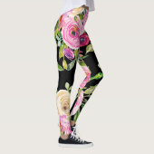 Waterverf Rozen in roze en crème op zwart Leggings (Rechts)