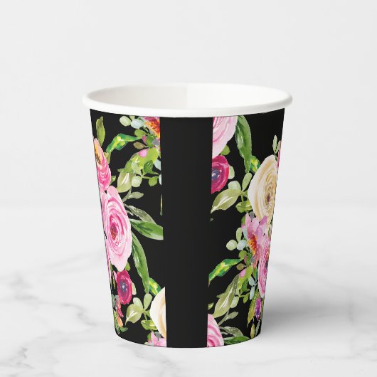 Waterverf Rozen in roze en crème op zwart Papieren Bekers (Links)