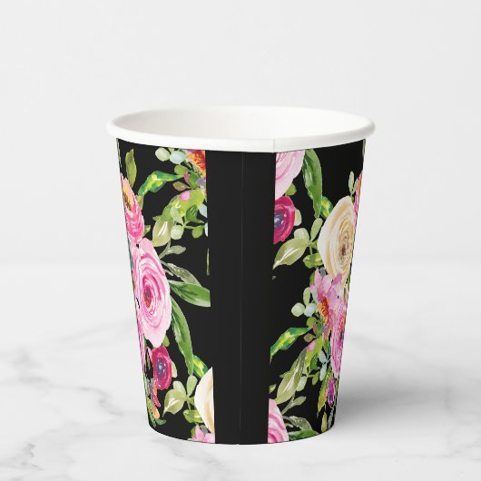 Waterverf Rozen in roze en crème op zwart Papieren Bekers (Rechts)