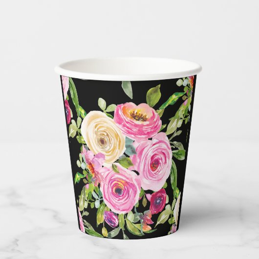 Waterverf Rozen in roze en crème op zwart Papieren Bekers (Voorkant)