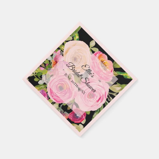 Waterverf Rozen in roze en crème op zwart Servet (Hoek)