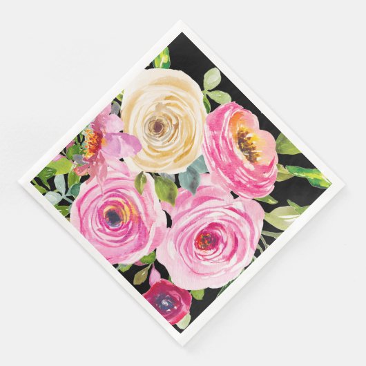 Waterverf Rozen in roze en crème op zwart Servet (Hoek)