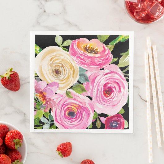 Waterverf Rozen in roze en crème op zwart Servet (Insitu)