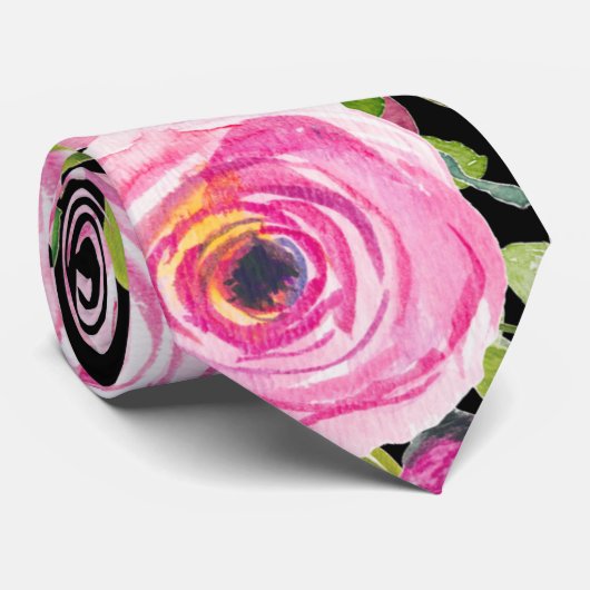 Waterverf Rozen in roze en crème op zwart Stropdas (Opgerold)
