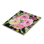 Waterverf Rozen in roze en crème op zwart Tegeltje (Zijkant)
