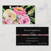 Waterverf Rozen in roze en crème op zwart Visitekaartje (Voorkant / Achterkant)