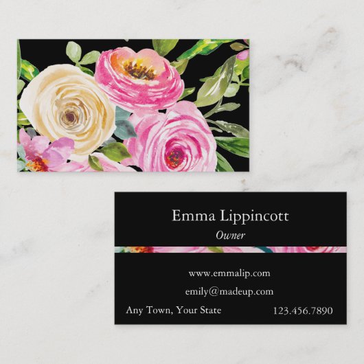 Waterverf Rozen in roze en crème op zwart Visitekaartje (Voorkant / Achterkant)