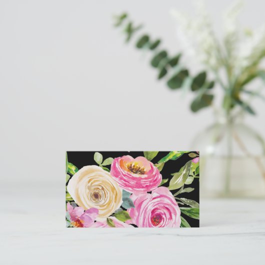 Waterverf Rozen in roze en crème op zwart Visitekaartje (Staand voorkant)
