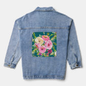 Waterverf Rozen in roze en rood op Blauwgroen Denim Jacket (Achterkant)