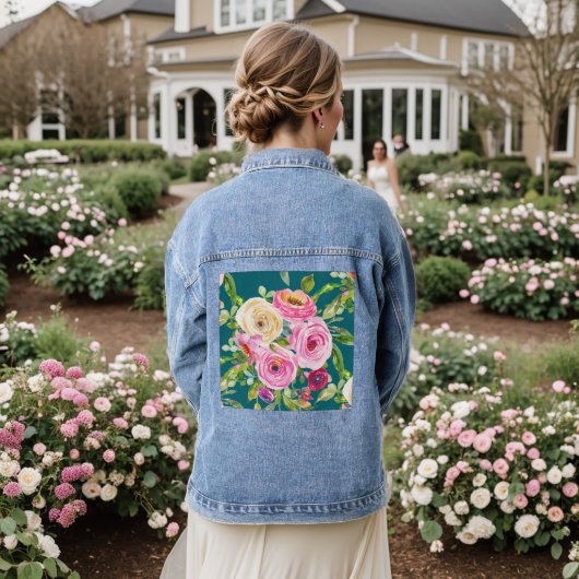 Waterverf Rozen in roze en rood op Blauwgroen Denim Jacket (Huwelijk Achterkant)