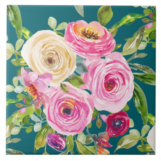 Waterverf Rozen in roze en rood op Blauwgroen Tegeltje (Voorkant)