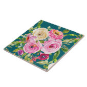 Waterverf Rozen in roze en rood op Blauwgroen Tegeltje (Zijkant)