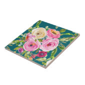 Waterverf Rozen in roze en rood op Blauwgroen Tegeltje (Zijkant)