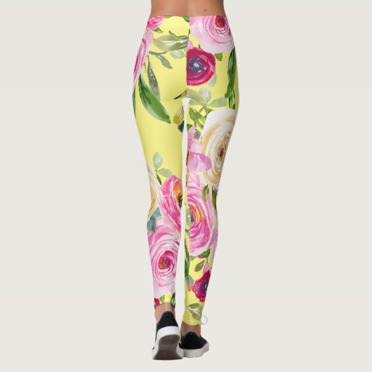 Waterverf Rozen in roze en rood op geel Leggings (Achterkant)