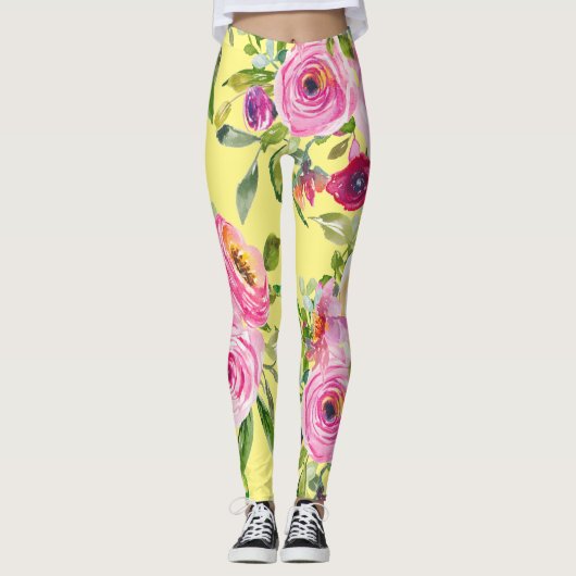 Waterverf Rozen in roze en rood op geel Leggings (Voorkant)