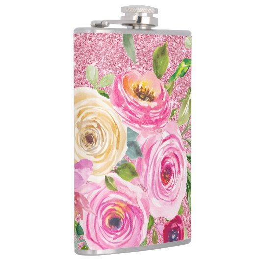 Waterverf Rozen in roze en roomroze glitter Heupfles (Rechts)