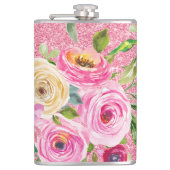 Waterverf Rozen in roze en roomroze glitter Heupfles (Voorkant)