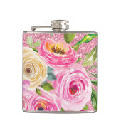 Waterverf Rozen in roze en roomroze glitter Heupfles (Voorkant)