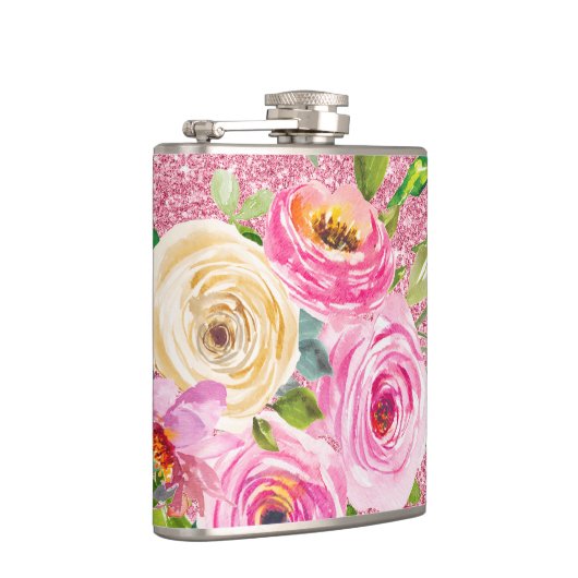 Waterverf Rozen in roze en roomroze glitter Heupfles (Rechts)