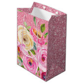 Waterverf Rozen in roze en roomroze glitter Medium Cadeauzakje (Voorkant Gekanteld)