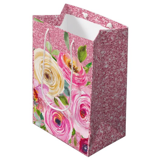 Waterverf Rozen in roze en roomroze glitter Medium Cadeauzakje (Voorkant Gekanteld)