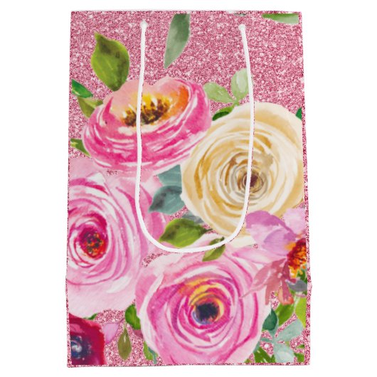 Waterverf Rozen in roze en roomroze glitter Medium Cadeauzakje (Achterkant)