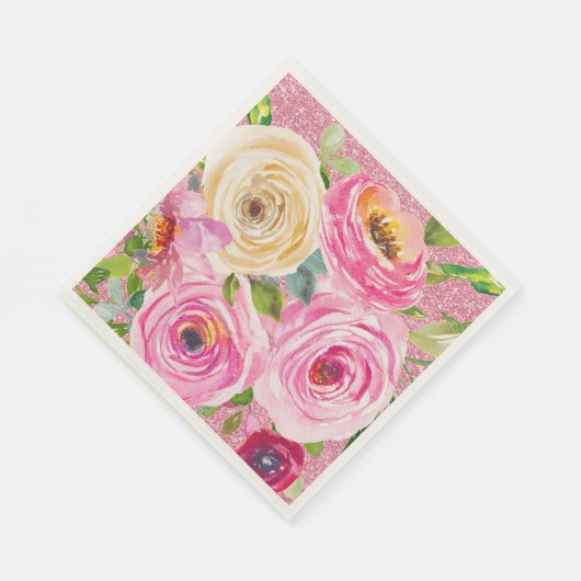 Waterverf Rozen in roze en roomroze glitter Servet (Hoek)