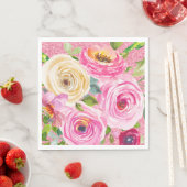 Waterverf Rozen in roze en roomroze glitter Servet (Insitu)