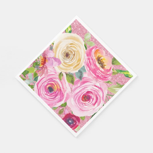Waterverf Rozen in roze en roomroze glitter Servet (Hoek)