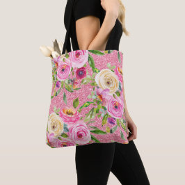 Waterverf Rozen in roze en roomroze glitter Tote Bag