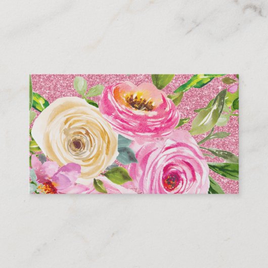 Waterverf Rozen in roze en roomroze glitter Visitekaartje (Voorkant)