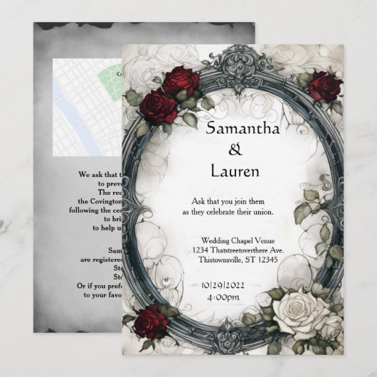 Waterverf Rozen ingelijst Gothic bruiloft Kaart (Voorkant / Achterkant)