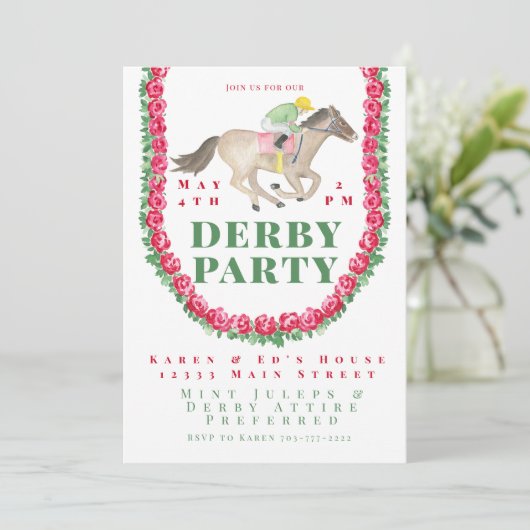 Waterverf Rozen Jockey Horse Derby Party Kaart (Staand voorkant)