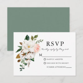 Waterverf Rozen Magnolias Wedding Sage Green RSVP Kaartje