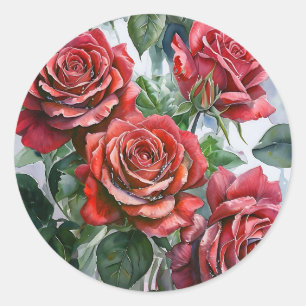 Waterverf rozen met groene bladeren ronde sticker