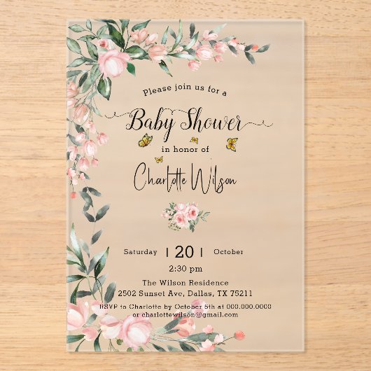Waterverf Rozen met Vlinder Baby shower Acryl Uitnodigingen (Voorkant)