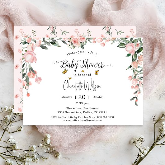 Waterverf Rozen met Vlinders Baby shower Kaart