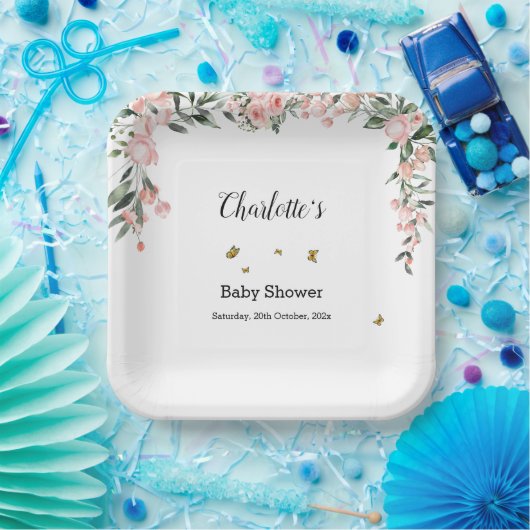 Waterverf Rozen met Vlinders Baby shower Papieren Bordje (Feest)