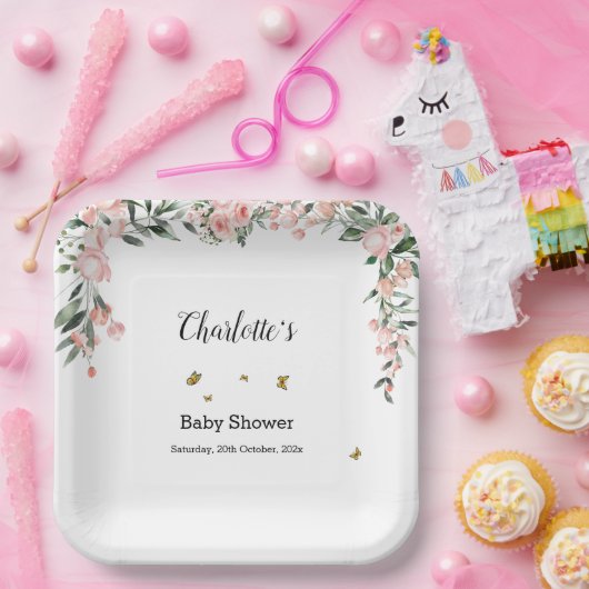Waterverf Rozen met Vlinders Baby shower Papieren Bordje (Feest)
