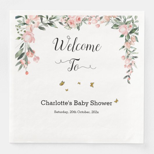 Waterverf Rozen met Vlinders Baby shower Servet (Voorkant)