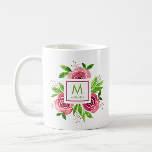 Waterverf Rozen Monogrammed Gepersonaliseerd Koffiemok (Links)